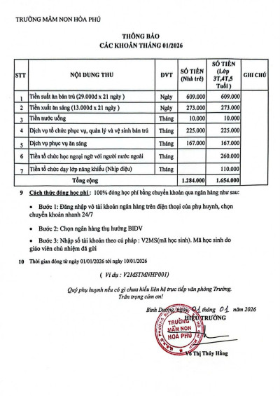 THÔNG BÁO CÁC KHOẢN THU THÁNG 1/2026