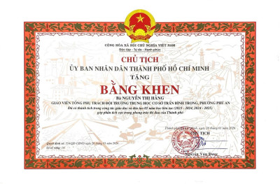 CÔ NGUYỄN THỊ HẰNG - GIÁO VIÊN TPT ĐỘI - TRƯỜNG THCS TRẦN BÌNH TRỌNG VINH DỰ NHẬN BẰNG KHEN CỦA CHỦ TỊCH UBND THÀNH PHỐ HỒ CHÍ MINH